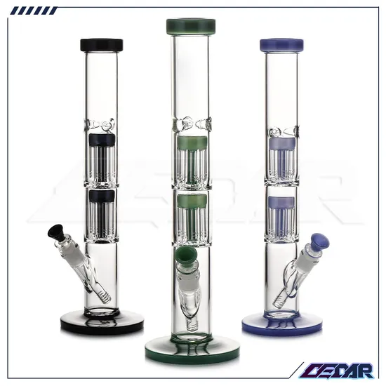 15.5 Inch Double Tree Branches Inner Core Straight Tube Glass Water Pipe Hookah Pipe Smoking Pipe with Lower Tube + 14mm Bowl 